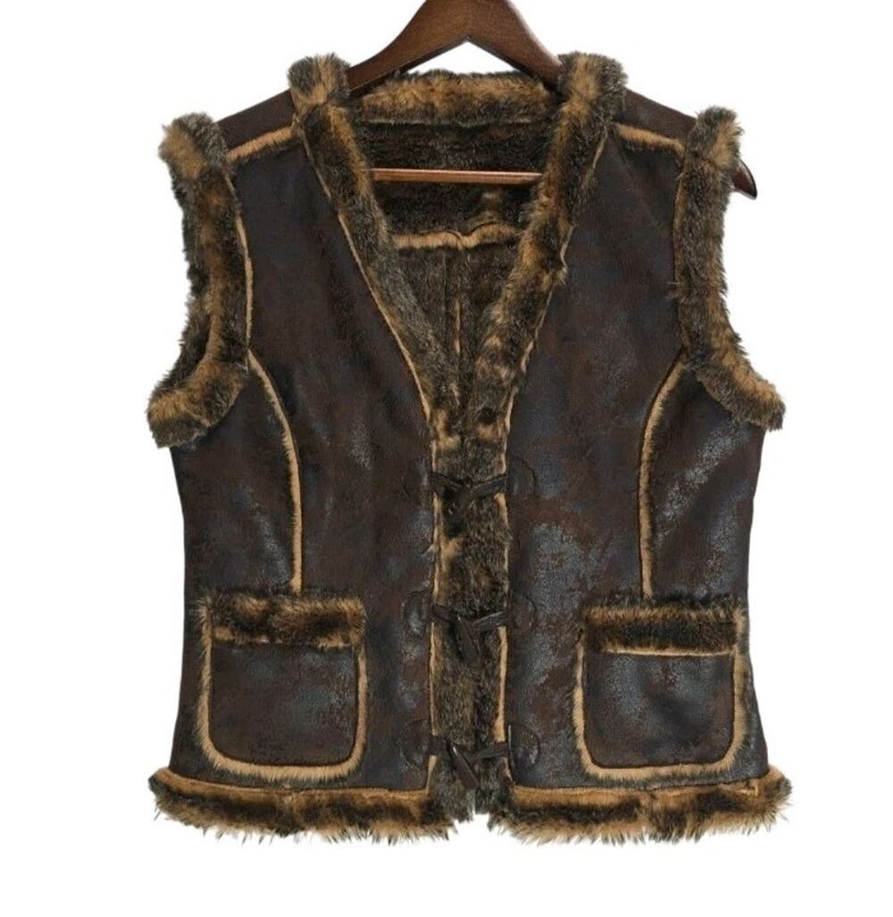 Scully Women's Vest S Faux Leather Fur Shearling Brown Toggle Boho Western